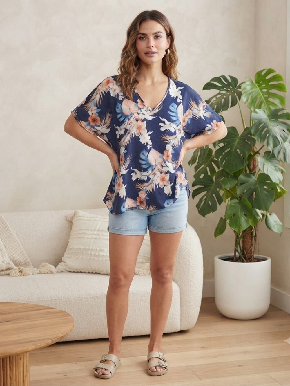 ​Portocruz Navy Blue Tropical Floral V-Neck Poncho Blouse Size XL